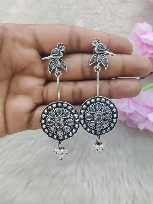 German Silver Bird Hanging Earrings #GE014 (White)