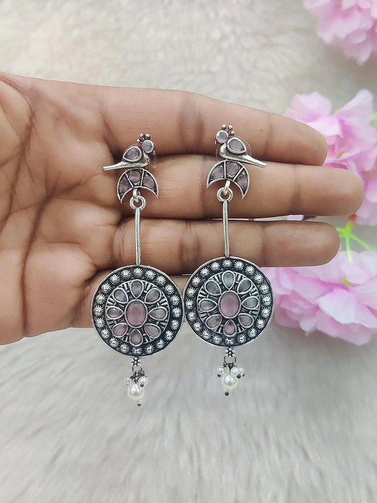 German Silver Bird Hanging Earrings #GE014 (Pink)