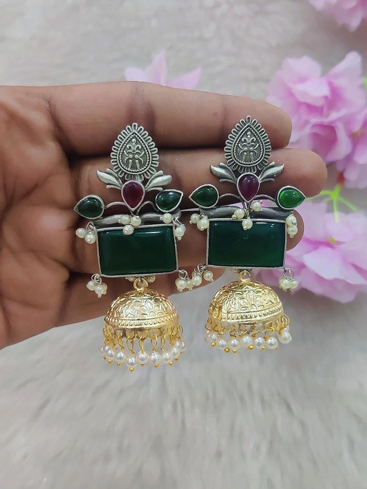 German Silver Jhumki Earrings #GE026 Dual Tone (Green + Red Monalisa Stone)