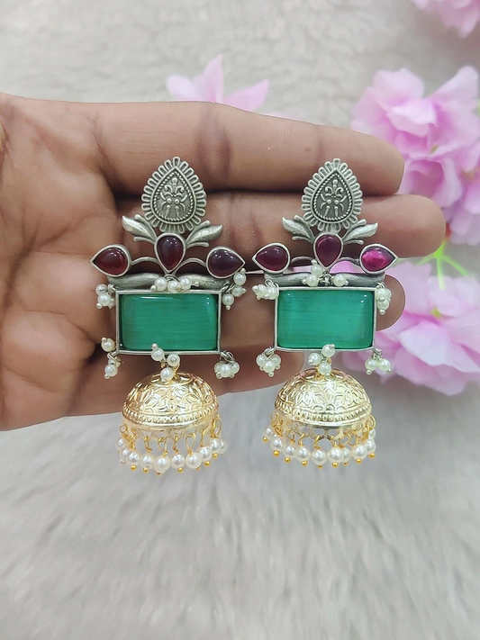 German Silver Jhumki Earrings #GE026 Dual Tone (Sea Green Monalisa Stone)