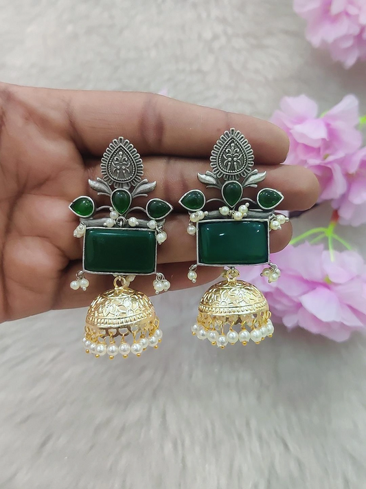 German Silver Jhumki Earrings #GE026 Dual Tone (Green Monalisa Stone)