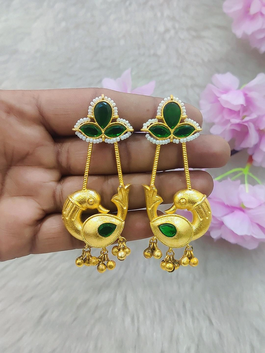German Silver Bird Earrings #GE029 Golden (Green Monalisa Stone)