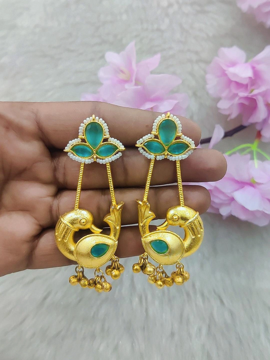 German Silver Bird Earrings #GE029 Golden (Peacock Green Monalisa Stone)