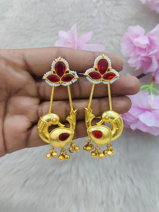 German Silver Bird Earrings #GE029 Golden (Red Monalisa Stone)