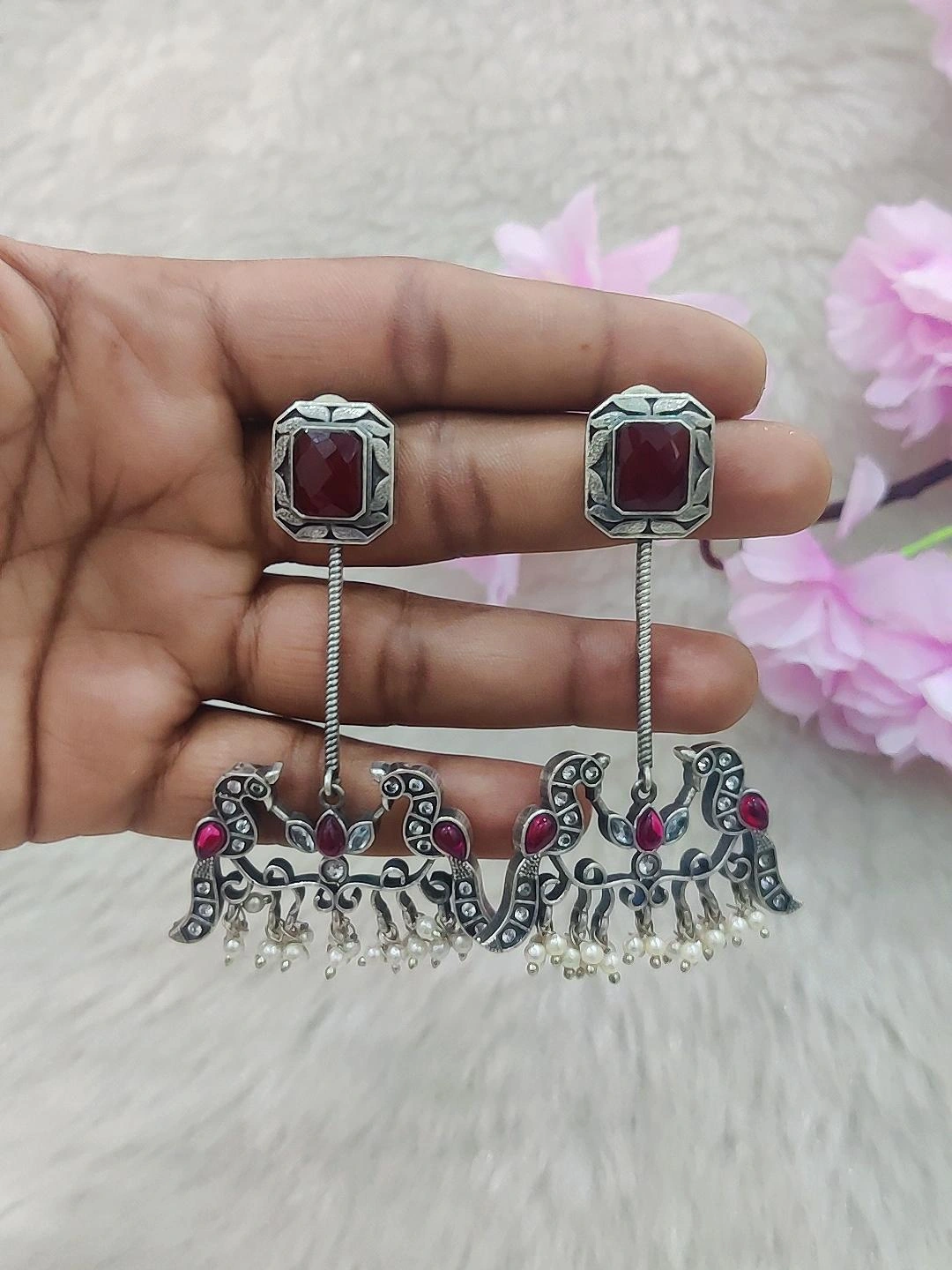 German Silver Bird Earrings #GE024 (Red Monalisa Stone)