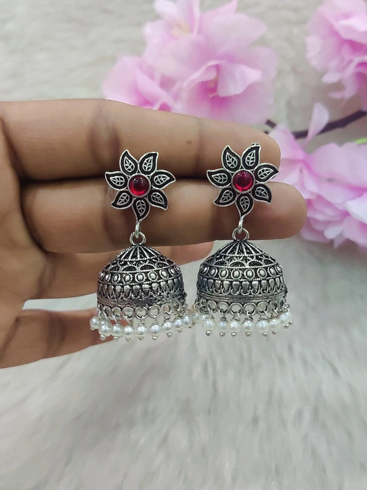 German Silver Jhumki Earrings #GE018 (Red)