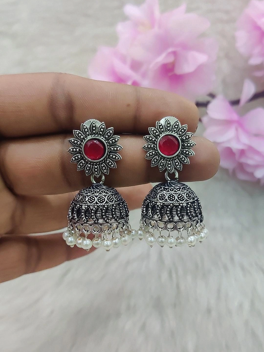 German Silver Jhumki Earrings #GE019 (Red)