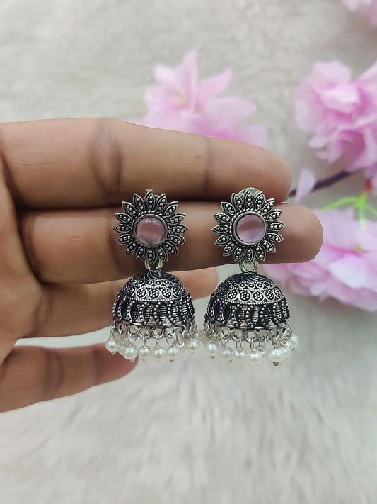 German Silver Jhumki Earrings #GE019 (Pink)