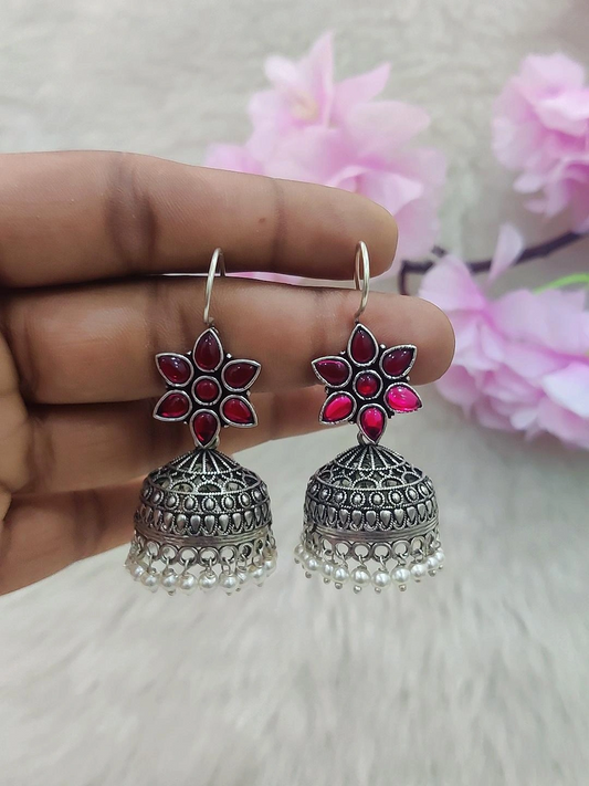 German Silver Jhumki Earrings #GE017 (Red)