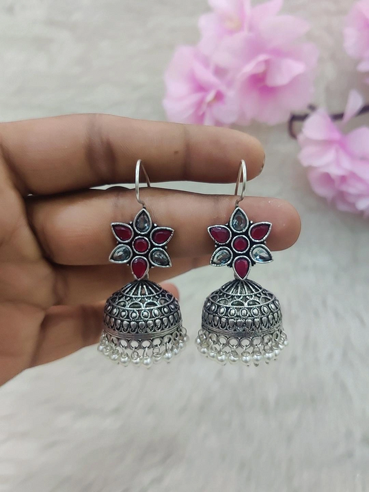 German Silver Jhumki Earrings #GE017 (Red+White)