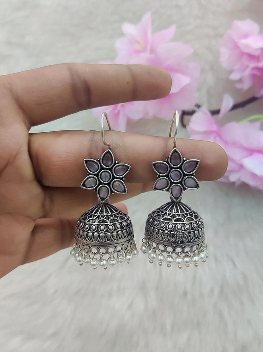 German Silver Jhumki Earrings #GE017 (Pink)