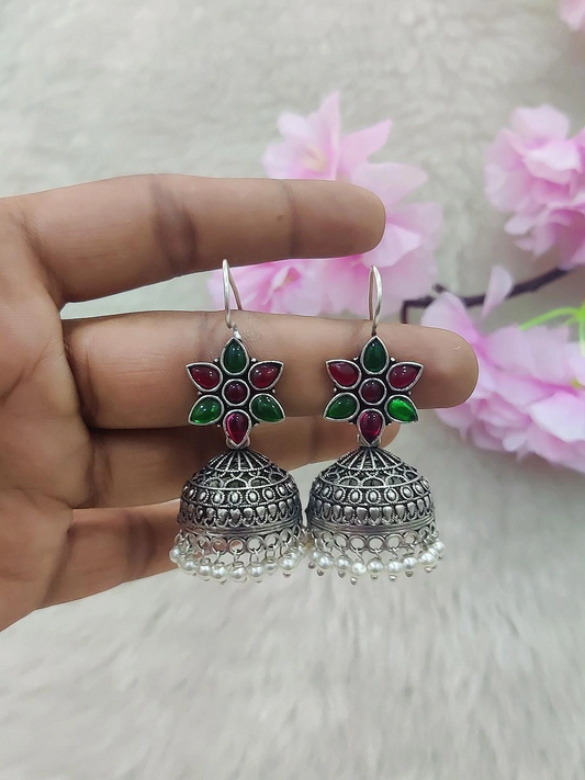 German Silver Jhumki Earrings #GE017 (Red+Green)