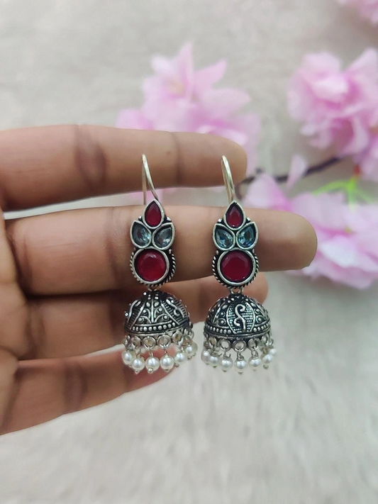 German Silver Jhumki Earrings #GE016 (Red+White)