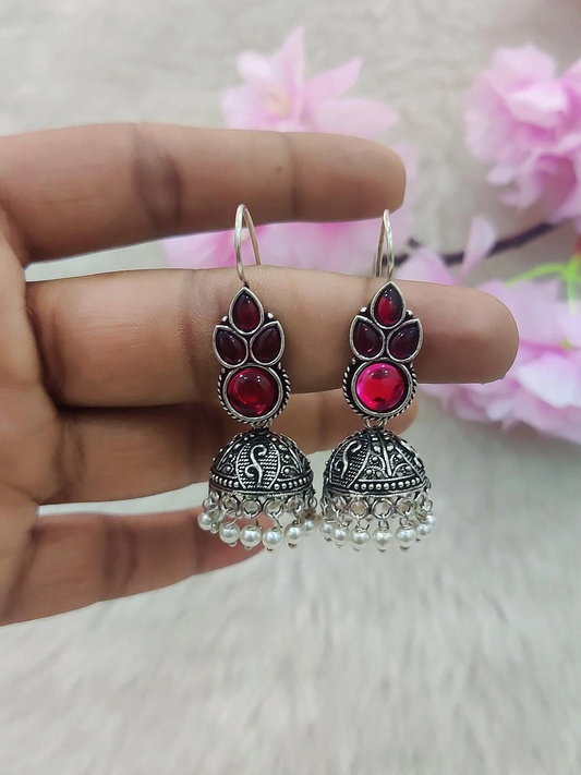 German Silver Jhumki Earrings #GE016 (Red)