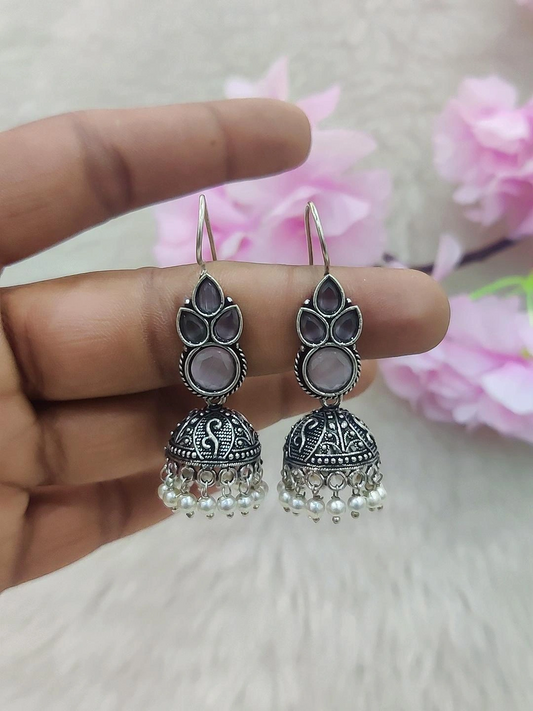 German Silver Jhumki Earrings #GE016 (Pink)