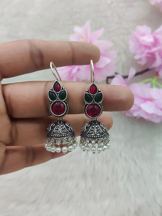 German Silver Jhumki Earrings #GE016 (Red+Green)