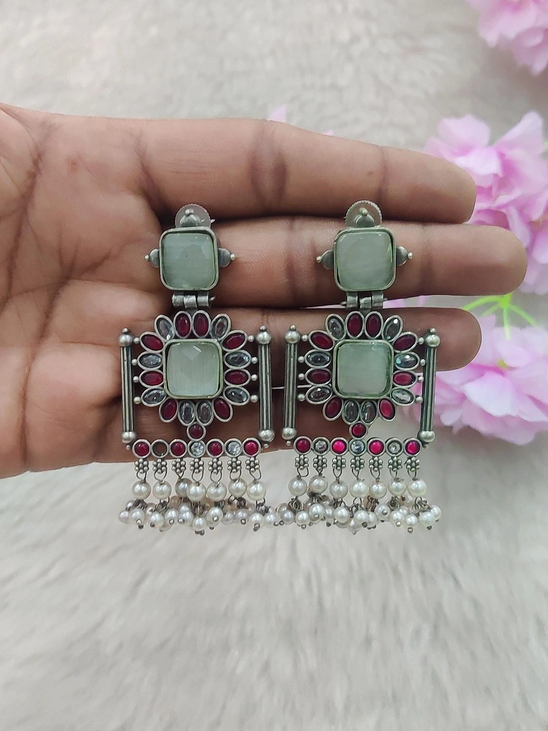 German Silver Earrings #GE025 (White + Red Monalisa Stone)
