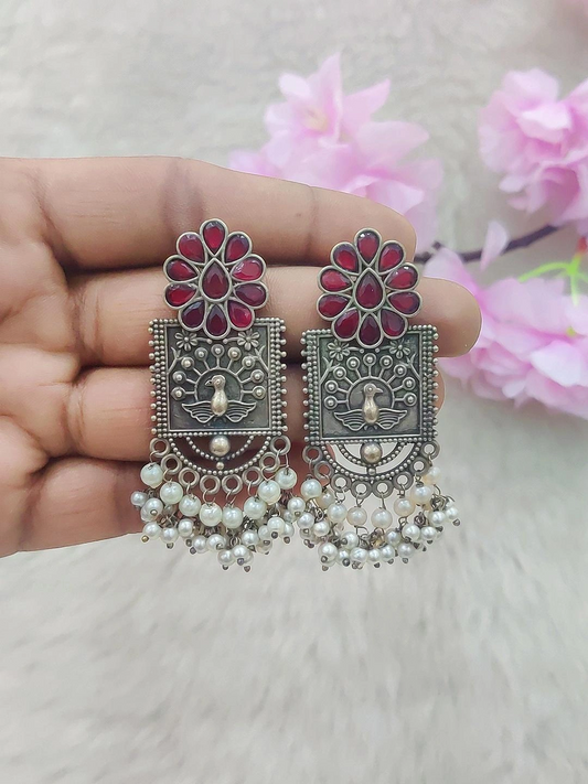 German Silver Flora Earrings #GE027 (Red Monalisa Stone)