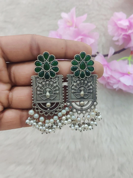 German Silver Flora Earrings #GE027 (Gree Monalisa Stone)