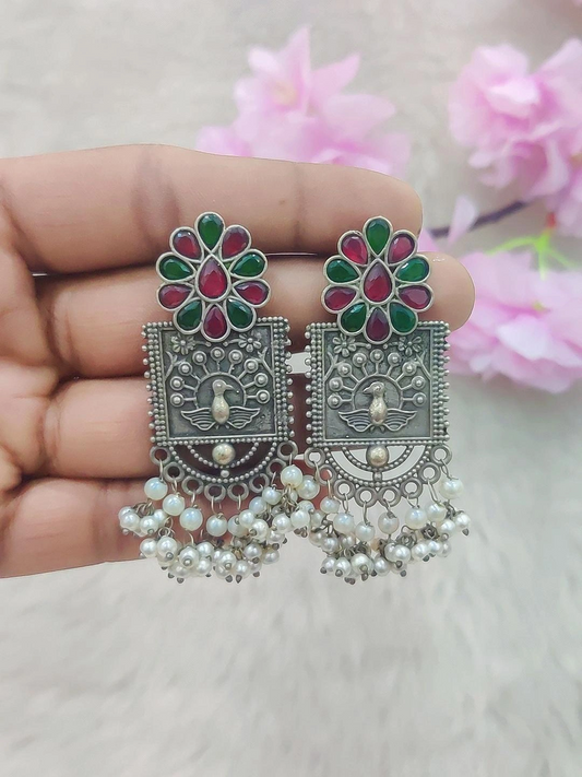 German Silver Flora Earrings #GE027 (Red + Green Monalisa Stone)
