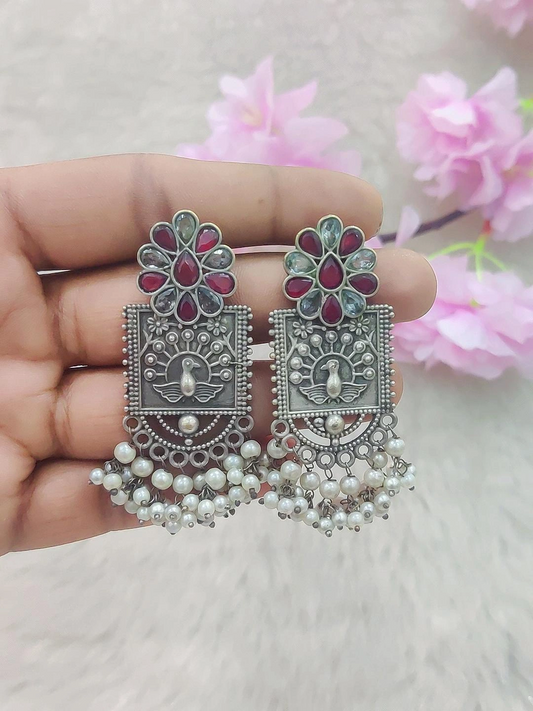 German Silver Flora Earrings #GE027 (Red + White Monalisa Stone)