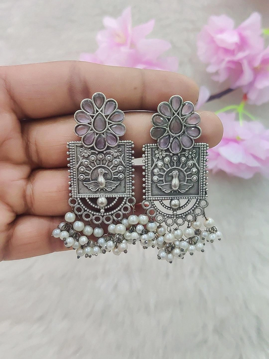 German Silver Flora Earrings #GE027 (Light Pink Monalisa Stone)