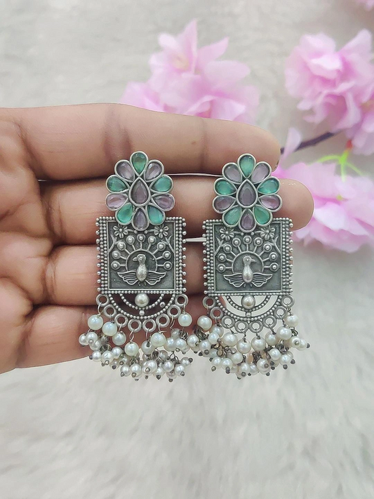German Silver Flora Earrings #GE027 (Light Pink + Sea Green Monalisa Stone)