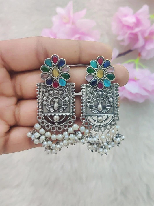 German Silver Flora Earrings #GE027 (Multi Monalisa Stone)