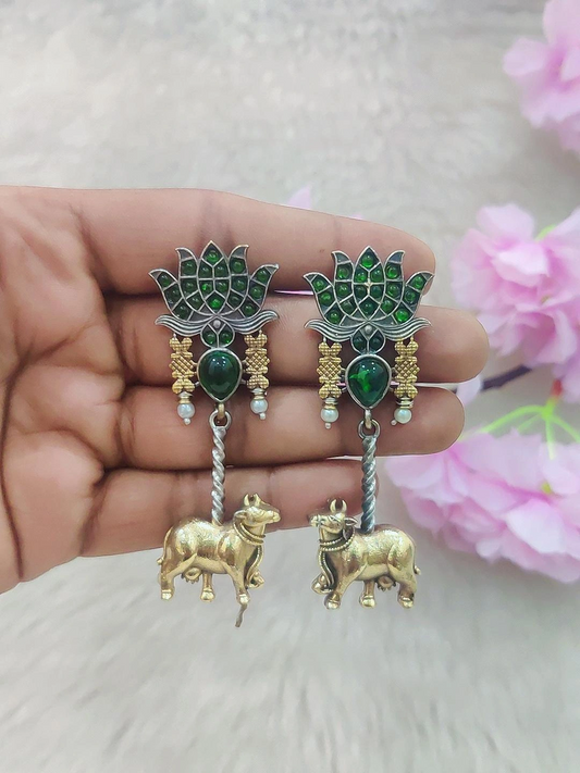 German Silver Hanging Earrings #GE028 (Green Monalisa Stone)