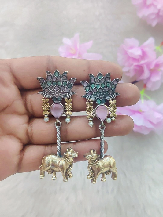 German Silver Hanging Earrings #GE028 (Pink + Multi-1 Monalisa Stone)