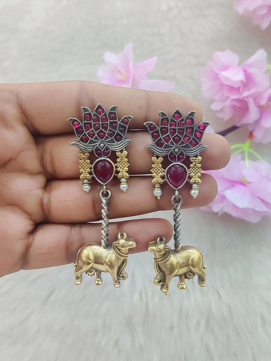 German Silver Hanging Earrings #GE028 (Red Monalisa Stone)