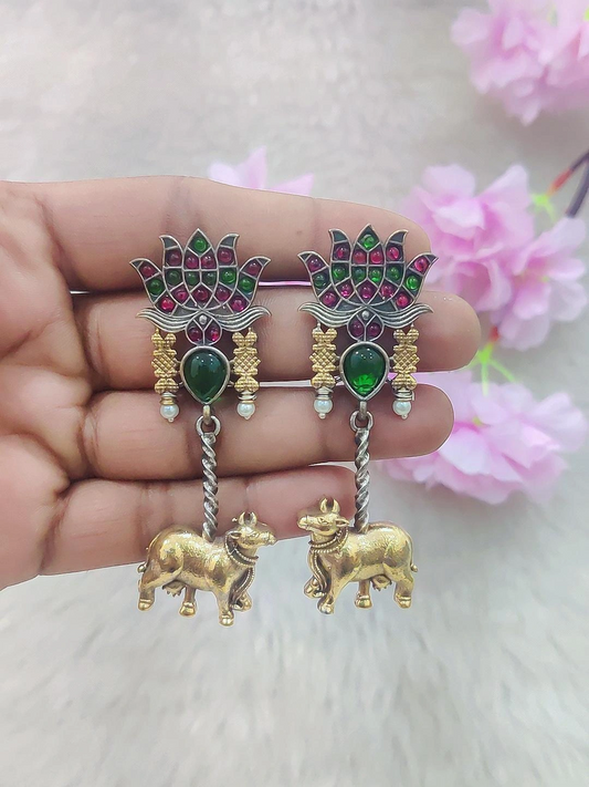 German Silver Hanging Earrings #GE028 (Green + Multi-2 Monalisa Stone)