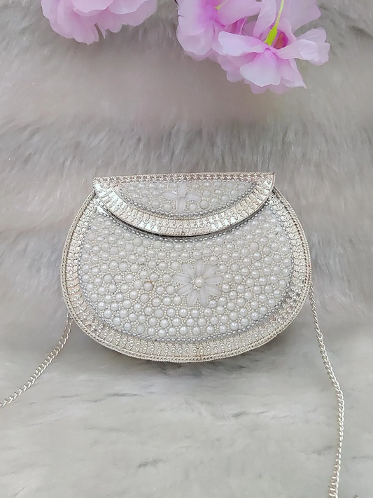 Handcrafted White Pearl Clutch / Sling Bag / Handbag with Faux Pearl Embellishments  #C015
