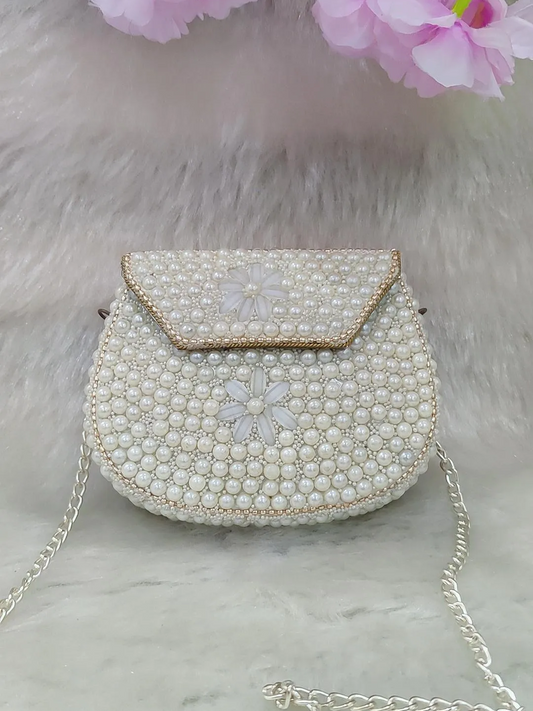 White Pearl Clutch / Sling Bag / Handbag with Faux Pearl Embellishments  #C014