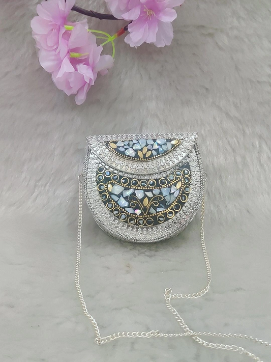 Silver Rectangular Mini Metal Clutch / Sling Bag / Handbag #C011 - Decorated with Shell