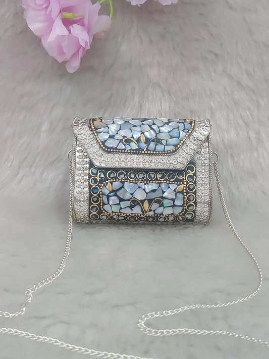 Silver Rectangular Mini Metal Clutch / Sling Bag / Handbag #C009 - Decorated with Shell