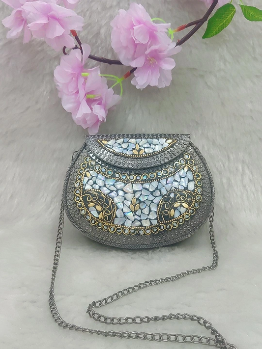 Black Metal Clutch / Sling Bag / Handbag #C007 - Decorated with Shell