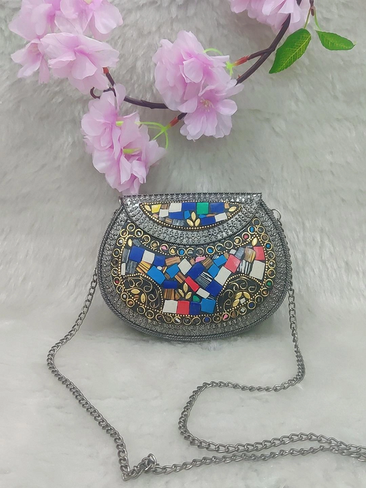 Black Metal Clutch / Sling Bag / Handbag #C008 - Decorated with Multi Colour Shell