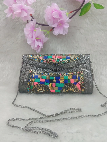 Ethnic Black Metal Clutch / Sling Bag / Handbag #C006 - Decorated with Multi Colour Shell
