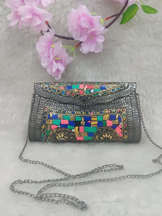 Ethnic Black Metal Clutch / Sling Bag / Handbag #C006 - Decorated with Multi Colour Shell