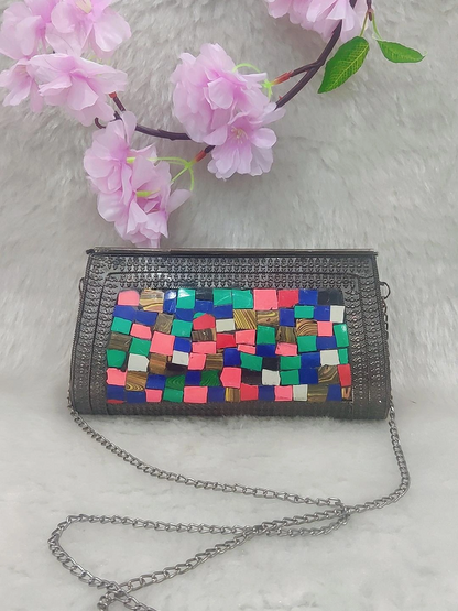 Ethnic Black Metal Clutch / Sling Bag / Handbag #C006 - Decorated with Multi Colour Shell