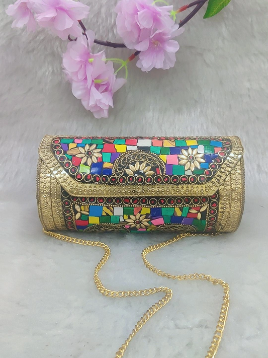 Ethnic Golden Round Clutch / Sling Bag / Handbag #C005 - Decorated with Multi Colour Shell
