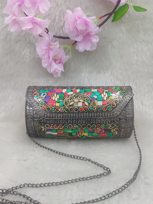 Ethnic Round Black Metal Clutch / Sling Bag / Handbag #C004 - Decorated with Multi Colour Shell