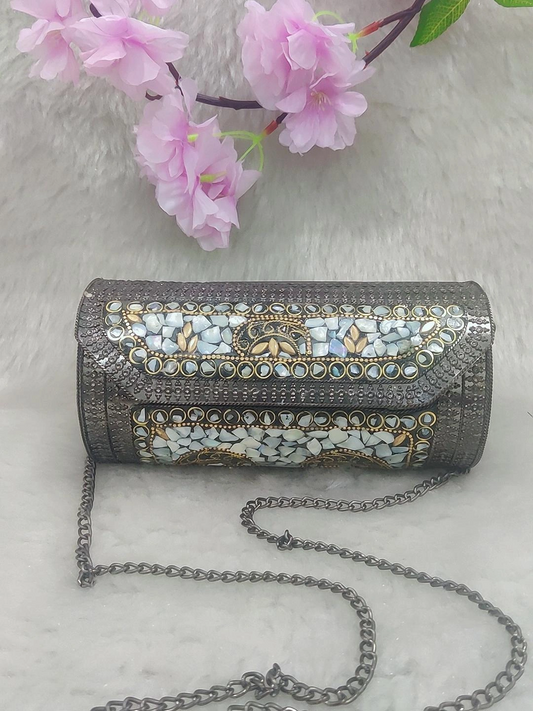 Ethnic Round Black Metal Clutch / Sling Bag / Handbag #C003 - Decorated with Shell