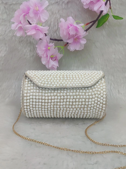 White Pearl Round Metal Clutch / Sling Bag / Handbag with Faux Pearl Embellishments - Round #C002