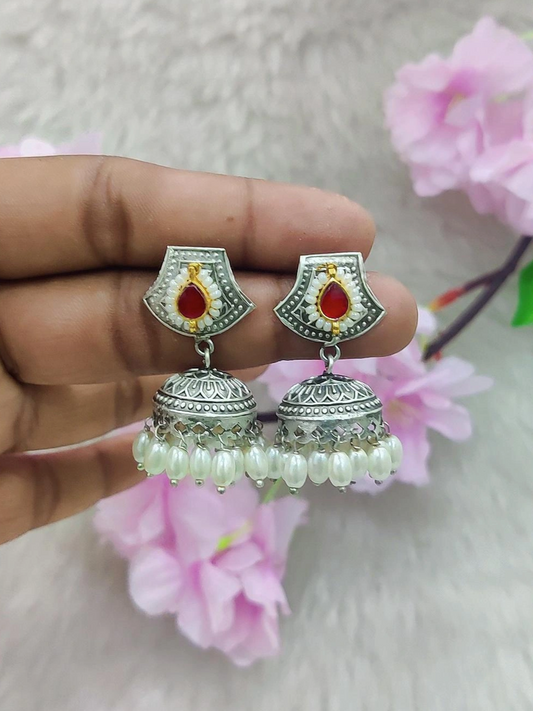 German Silver Jhumki Earrings #GE097 -Red Pachi Kundan