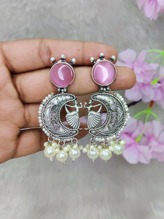 German Silver Earrings #GE086 - Pink Monalisa Stone