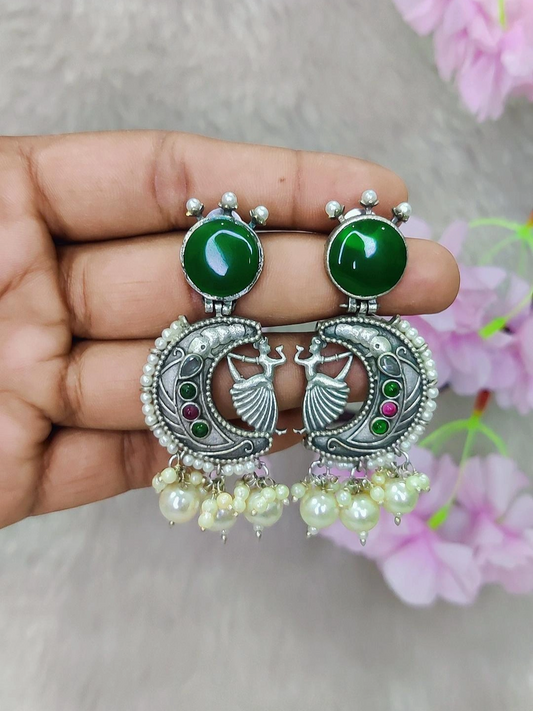 German Silver Earrings #GE086 - Green Monalisa Stone