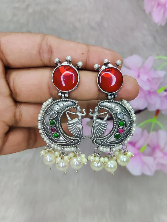 German Silver Earrings #GE086 - Red Monalisa Stone
