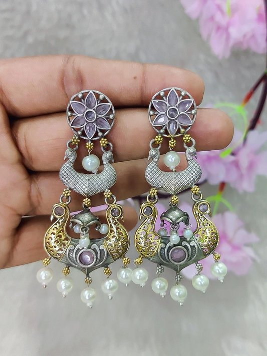 German Silver Earrings #GE087 - Pink Monalisa Stone